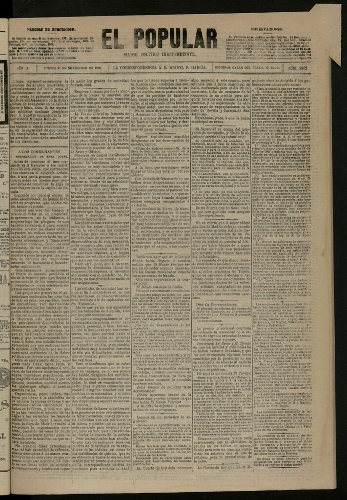 Miniatura de El Popular: diario independiente, político, literario y de noticias de interés general del 21 de noviembre de 1878, nº 2842