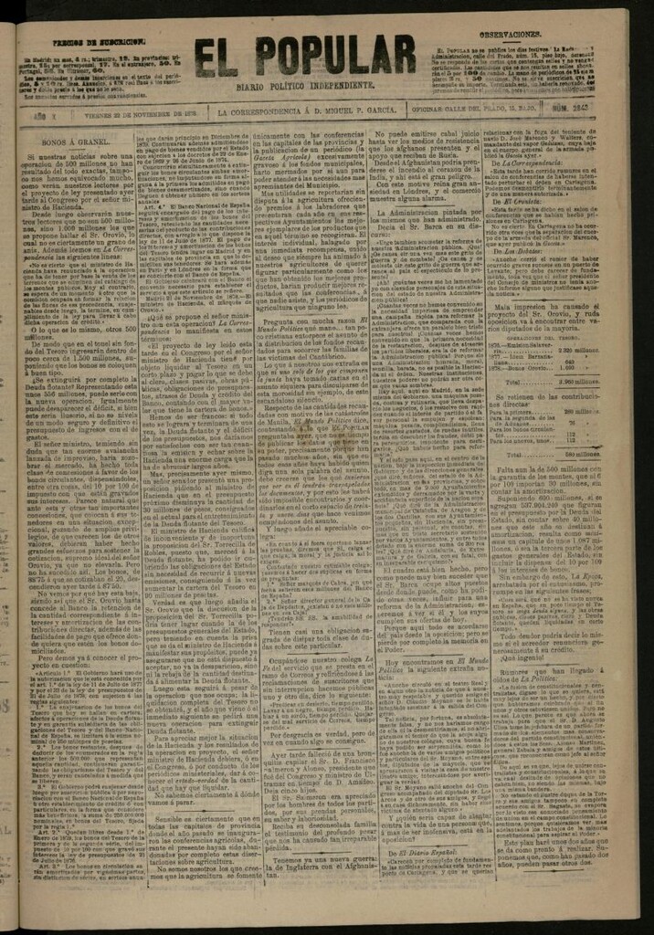 Miniatura de El Popular: diario independiente, político, literario y de noticias de interés general del 22 de noviembre de 1878, nº 2843