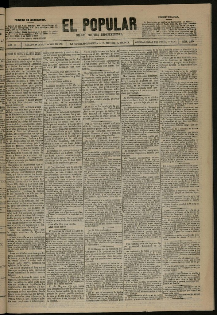 Miniatura de El Popular: diario independiente, político, literario y de noticias de interés general del 23 de noviembre de 1878, nº 2844