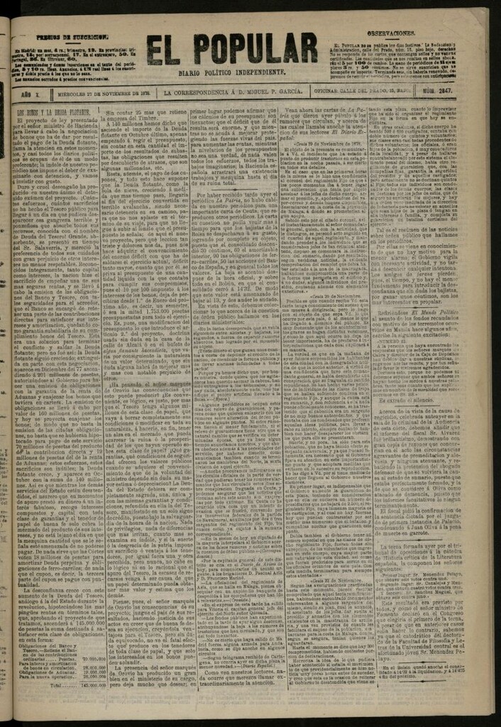 Miniatura de El Popular: diario independiente, político, literario y de noticias de interés general del 27 de noviembre de 1878, nº 2847