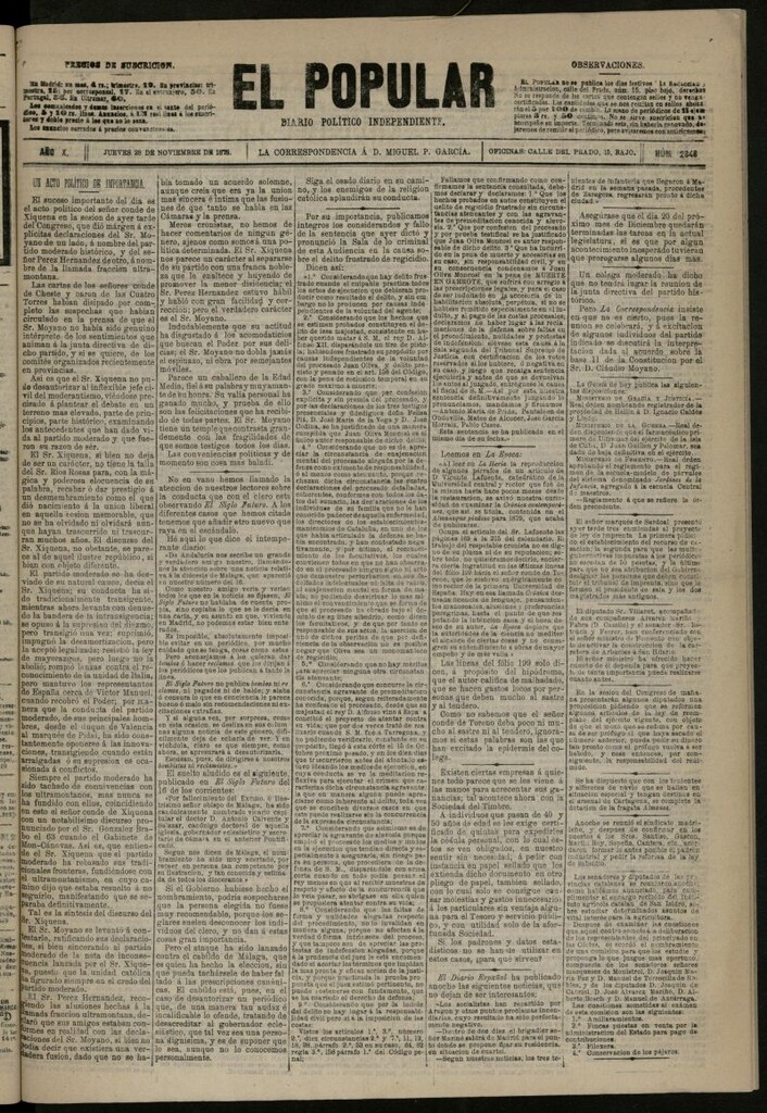 Miniatura de El Popular: diario independiente, político, literario y de noticias de interés general del 28 de noviembre de 1878, nº 2848