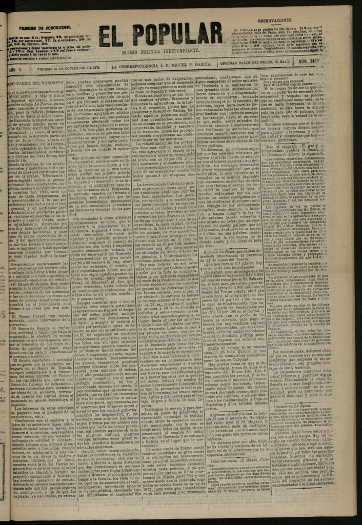 Miniatura de El Popular: diario independiente, político, literario y de noticias de interés general del 29 de noviembre de 1878, nº 2849
