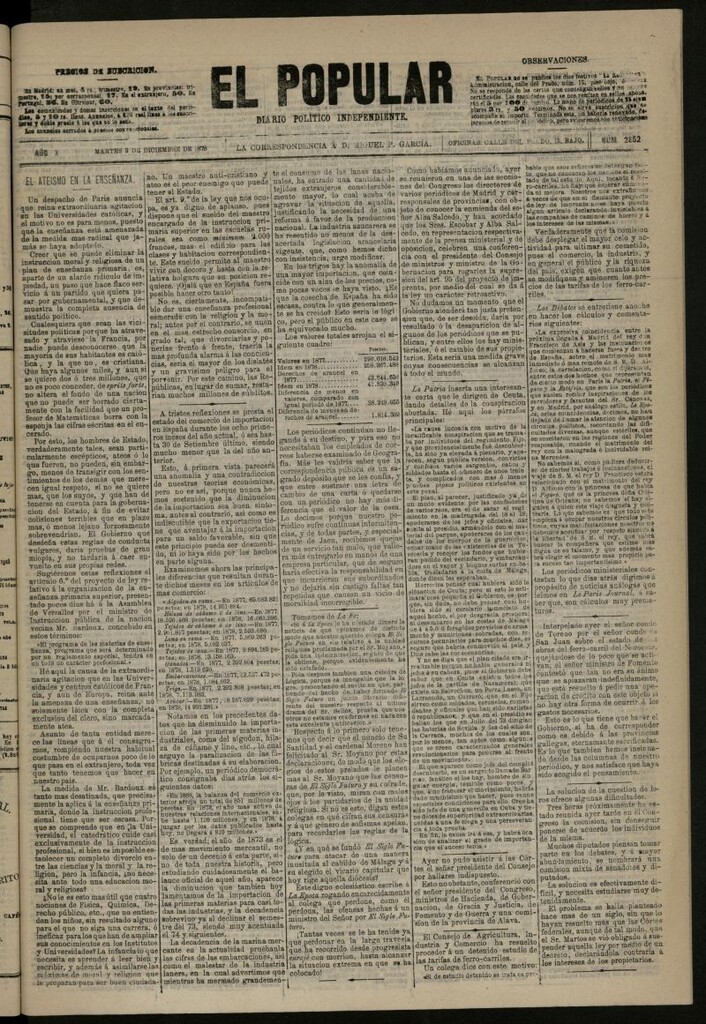 Miniatura de El Popular: diario independiente, político, literario y de noticias de interés general del 3 de diciembre de 1878, nº 2852