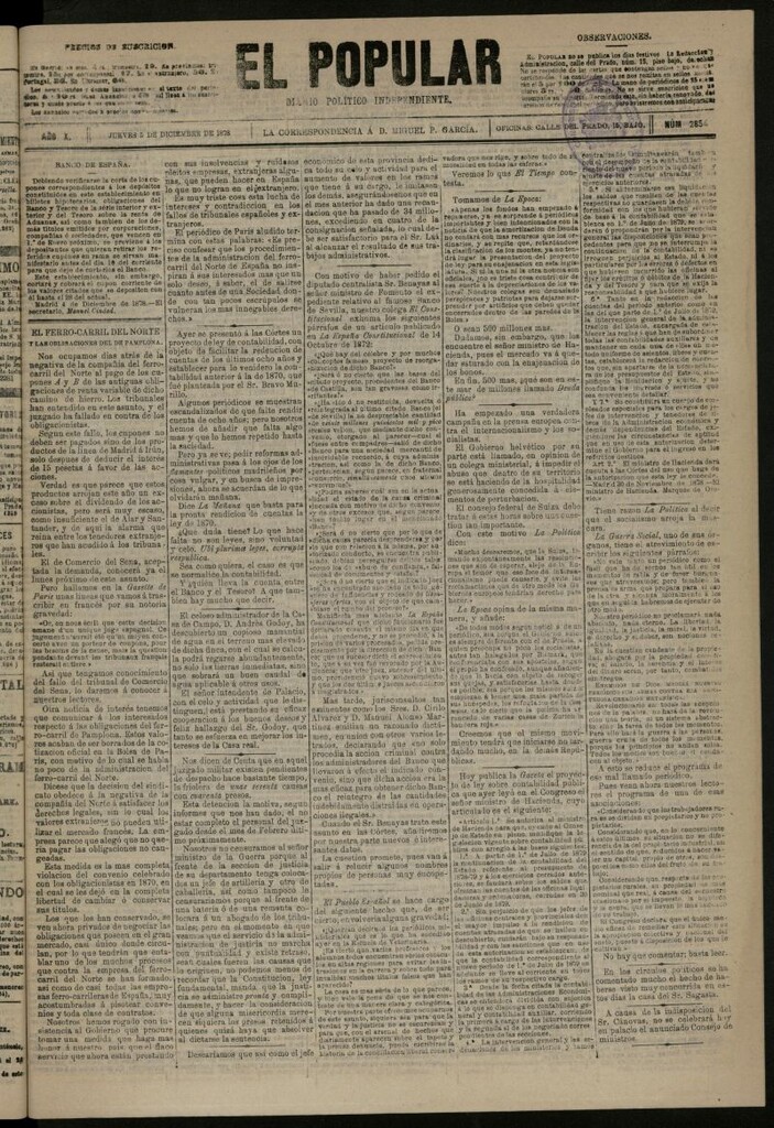 Miniatura de El Popular: diario independiente, político, literario y de noticias de interés general del 5 de diciembre de 1878, nº 2854