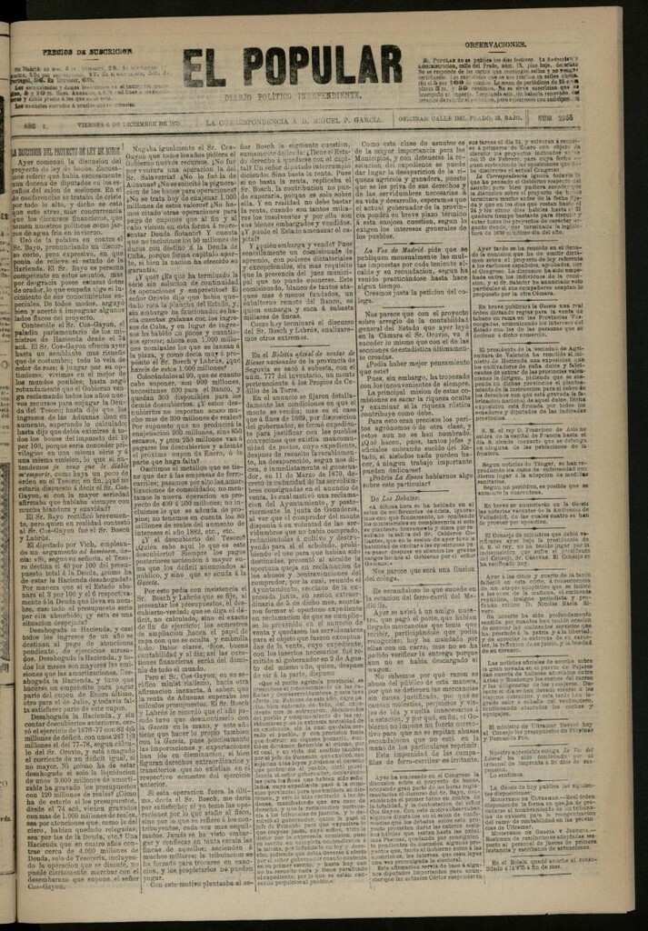 Miniatura de El Popular: diario independiente, político, literario y de noticias de interés general del 6 de diciembre de 1878, nº 2855