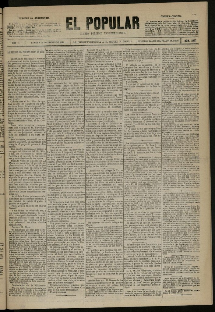 Miniatura de El Popular: diario independiente, político, literario y de noticias de interés general del 9 de diciembre de 1878, nº 2857