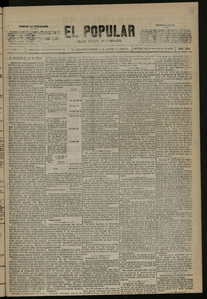 Miniatura de El Popular: diario independiente, político, literario y de noticias de interés general del 11 de diciembre de 1878, nº 2859
