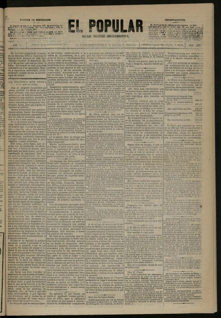 Miniatura de El Popular: diario independiente, político, literario y de noticias de interés general del 12 de diciembre de 1878, nº 2860