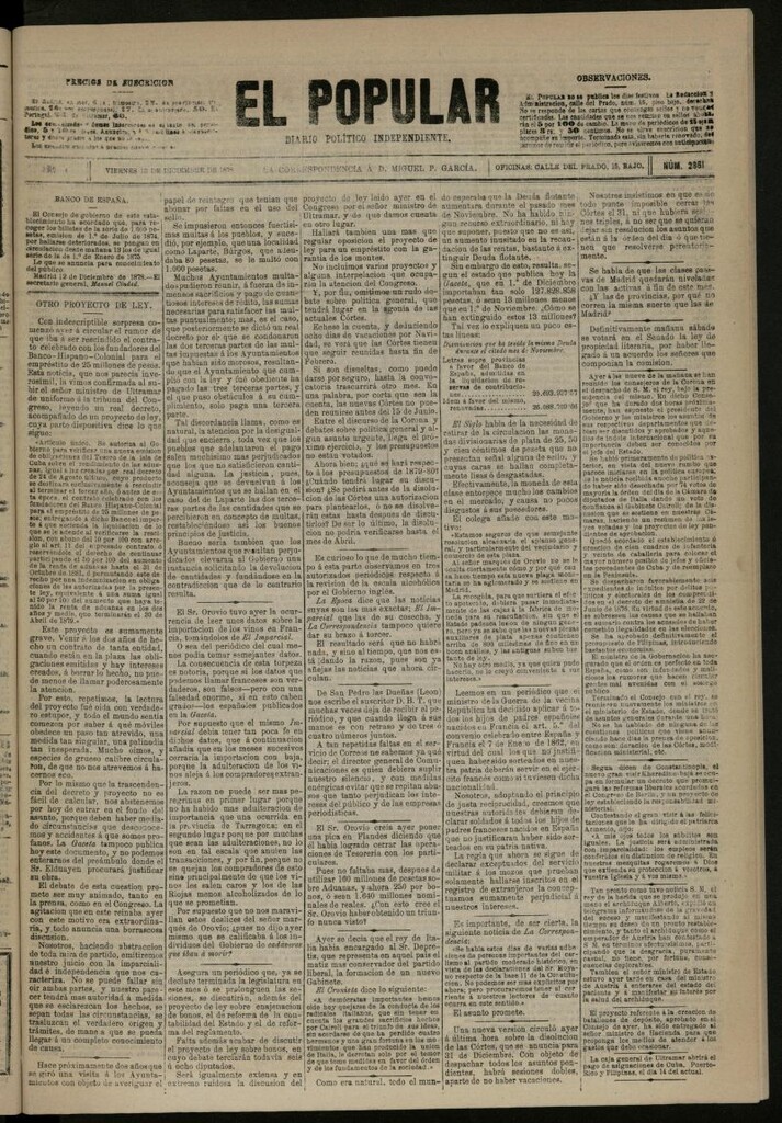 Miniatura de El Popular: diario independiente, político, literario y de noticias de interés general del 13 de diciembre de 1878, nº 2861