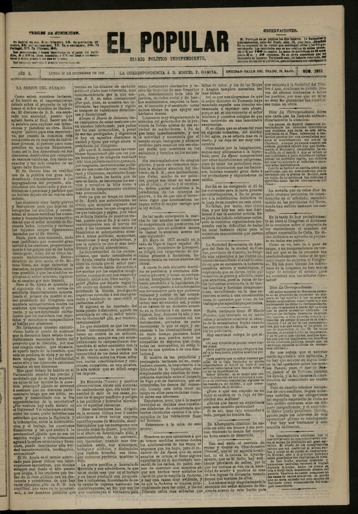 Miniatura de El Popular: diario independiente, político, literario y de noticias de interés general del 16 de diciembre de 1878, nº 2863