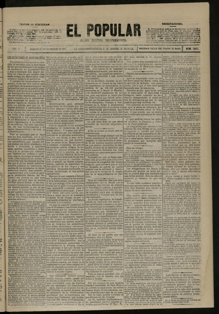 Miniatura de El Popular: diario independiente, político, literario y de noticias de interés general del 21 de diciembre de 1878, nº 2868