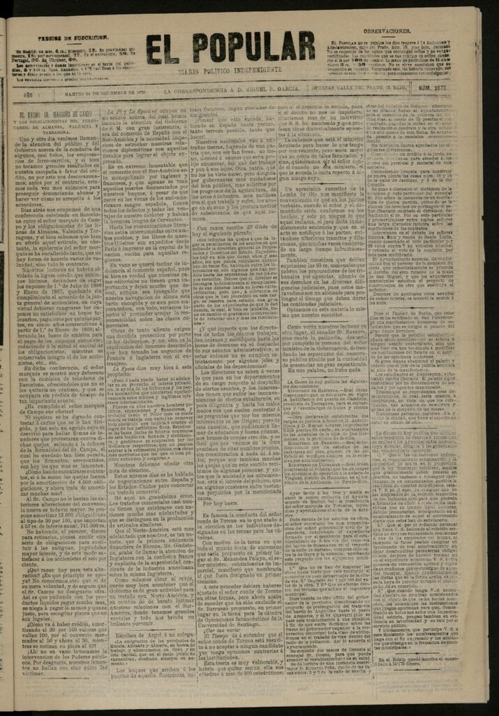 Miniatura de El Popular: diario independiente, político, literario y de noticias de interés general del 24 de diciembre de 1878, nº 2870