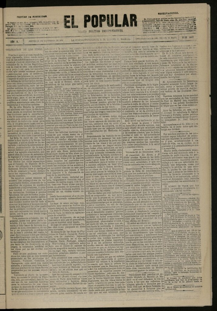 Miniatura de El Popular: diario independiente, político, literario y de noticias de interés general del 26 de diciembre de 1878, nº 2871