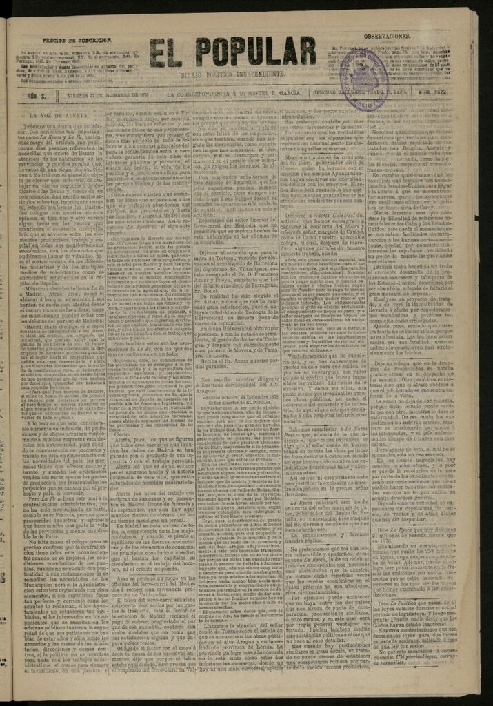 Miniatura de El Popular: diario independiente, político, literario y de noticias de interés general del 27 de diciembre de 1878, nº 2872