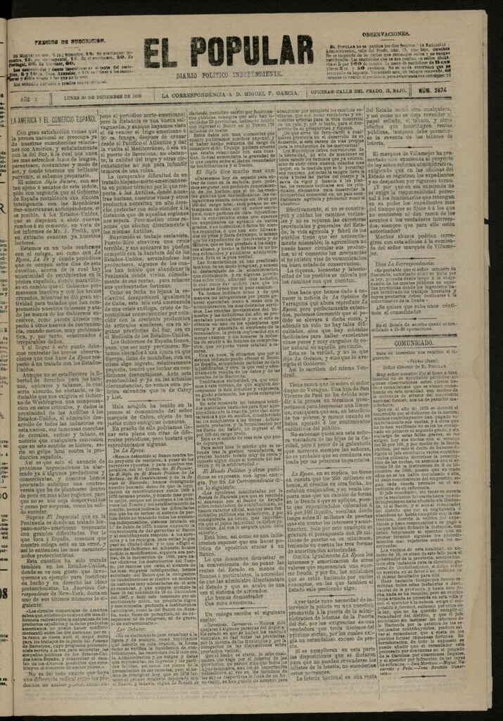 Miniatura de El Popular: diario independiente, político, literario y de noticias de interés general del 30 de diciembre de 1878, nº 2874