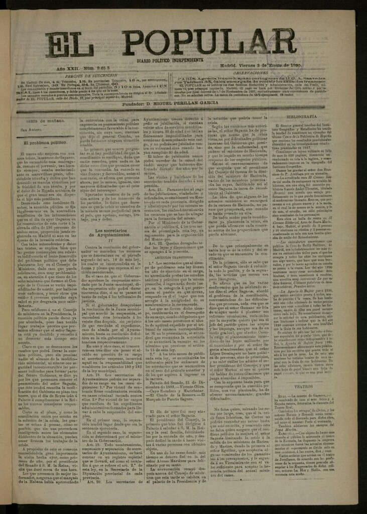 Miniatura de El Popular: diario independiente, político, literario y de noticias de interés general del 2 de enero de 1890, nº 9655