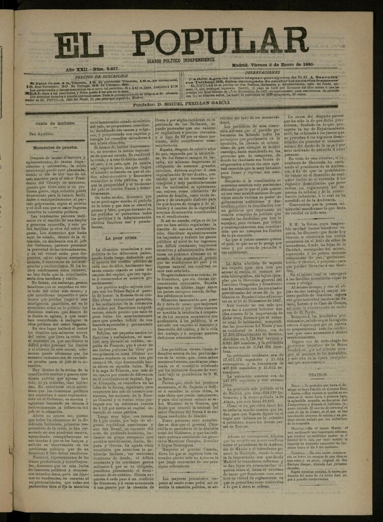 Miniatura de El Popular: diario independiente, político, literario y de noticias de interés general del 3 de enero de 1890, nº 9657