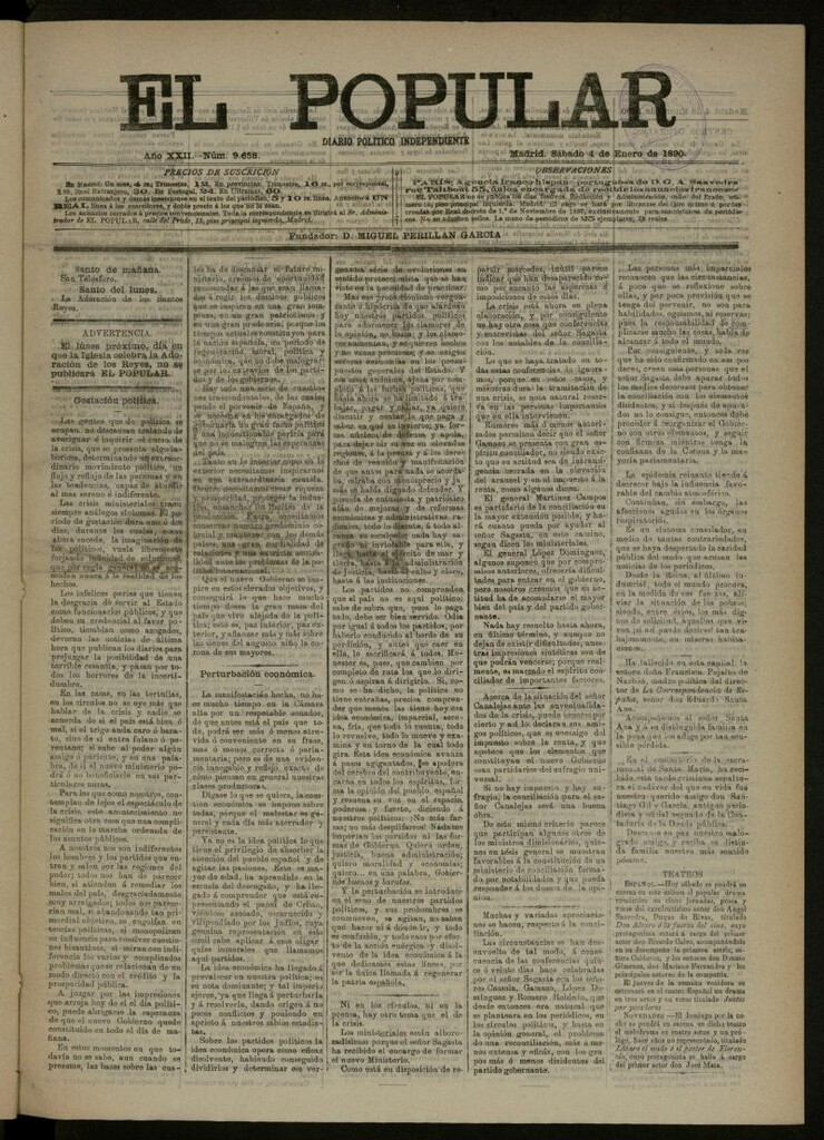 Miniatura de El Popular: diario independiente, político, literario y de noticias de interés general del 4 de enero de 1890, nº 9658