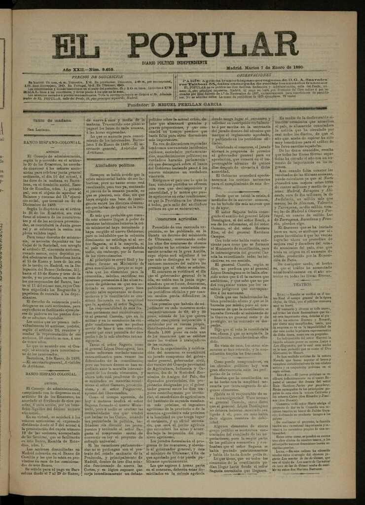 Miniatura de El Popular: diario independiente, político, literario y de noticias de interés general del 7 de enero de 1890, nº 9659