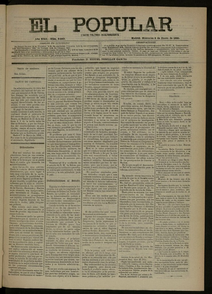 Miniatura de El Popular: diario independiente, político, literario y de noticias de interés general del 8 de enero de 1890, nº 9660
