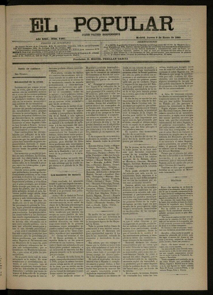 Miniatura de El Popular: diario independiente, político, literario y de noticias de interés general del 9 de enero de 1890, nº 9661