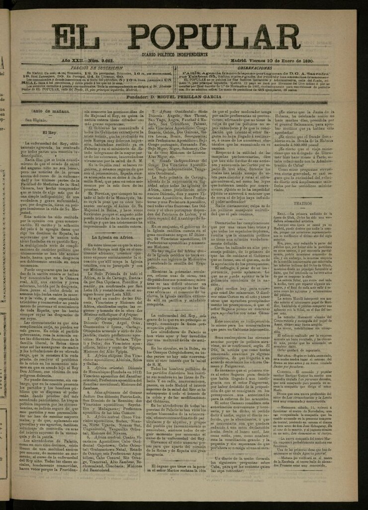 Miniatura de El Popular: diario independiente, político, literario y de noticias de interés general del 10 de enero de 1890, nº 9662