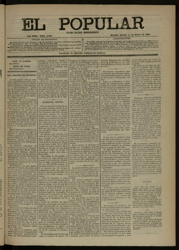 Miniatura de El Popular: diario independiente, político, literario y de noticias de interés general del 11 de enero de 1890, nº 9663