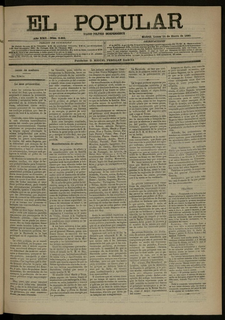 Miniatura de El Popular: diario independiente, político, literario y de noticias de interés general del 13 de enero de 1890, nº 9664