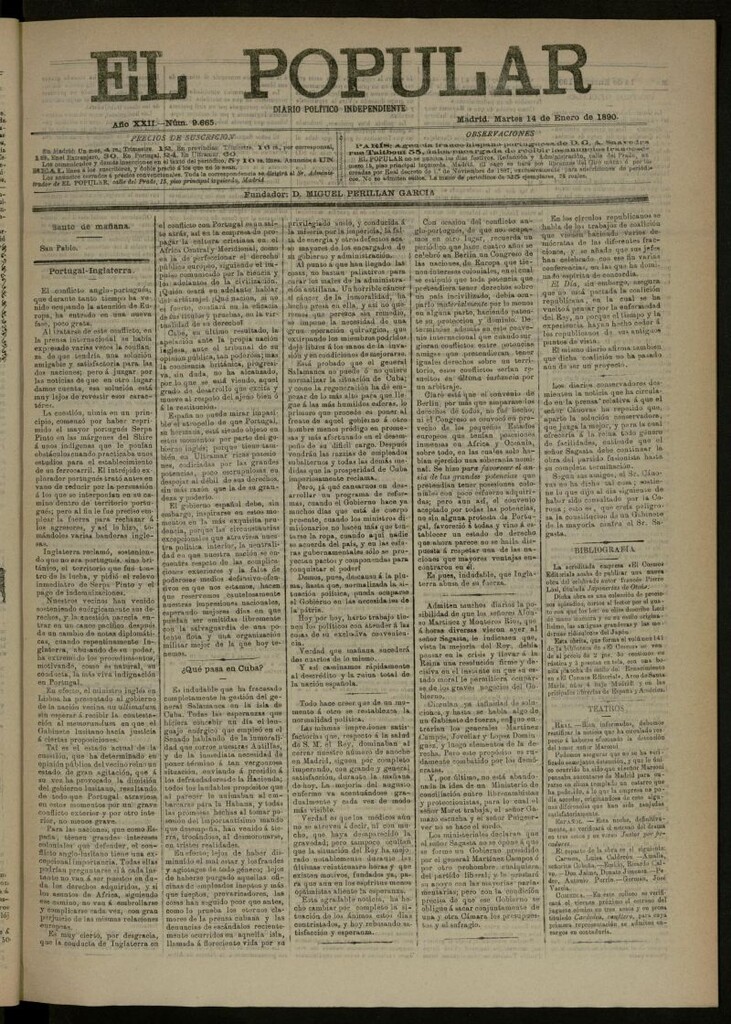 Miniatura de El Popular: diario independiente, político, literario y de noticias de interés general del 14 de enero de 1890, nº 9665