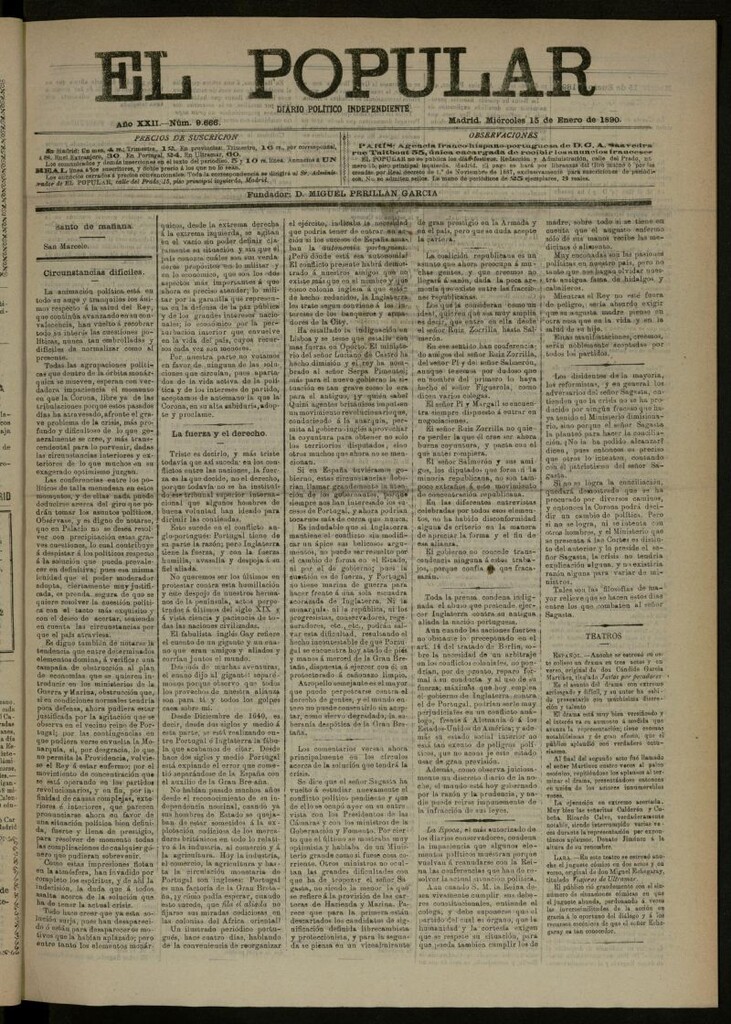 Miniatura de El Popular: diario independiente, político, literario y de noticias de interés general del 15 de enero de 1890, nº 9666