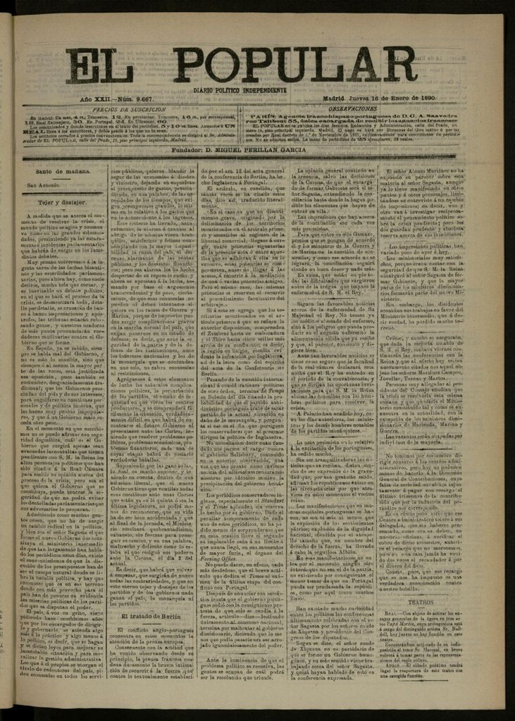 Miniatura de El Popular: diario independiente, político, literario y de noticias de interés general del 16 de enero de 1890, nº 9667