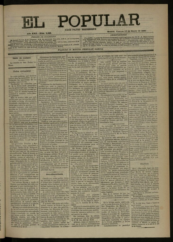 Miniatura de El Popular: diario independiente, político, literario y de noticias de interés general del 17 de enero de 1890, nº 9668