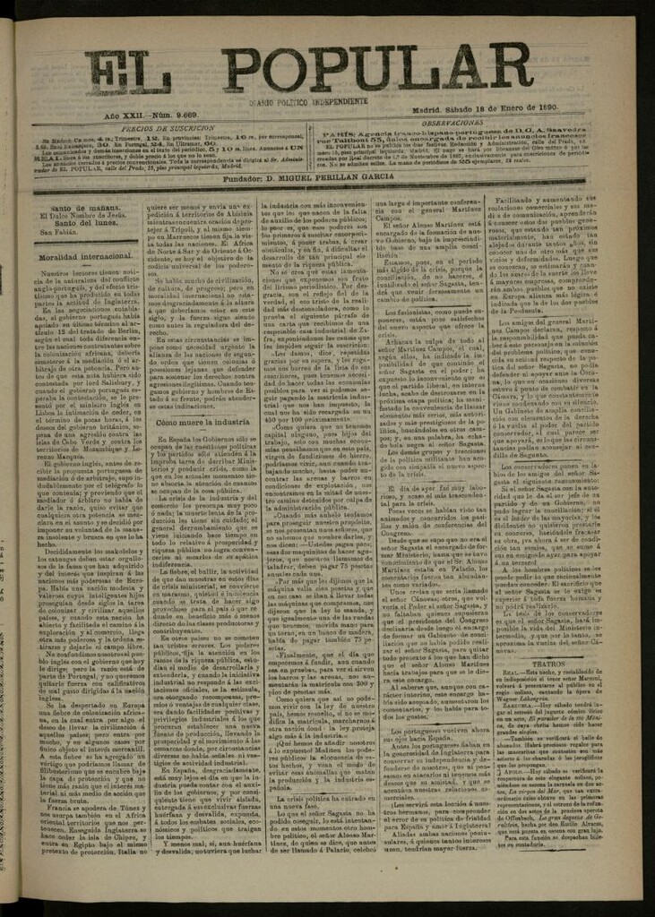 Miniatura de El Popular: diario independiente, político, literario y de noticias de interés general del 18 de enero de 1890, nº 9669
