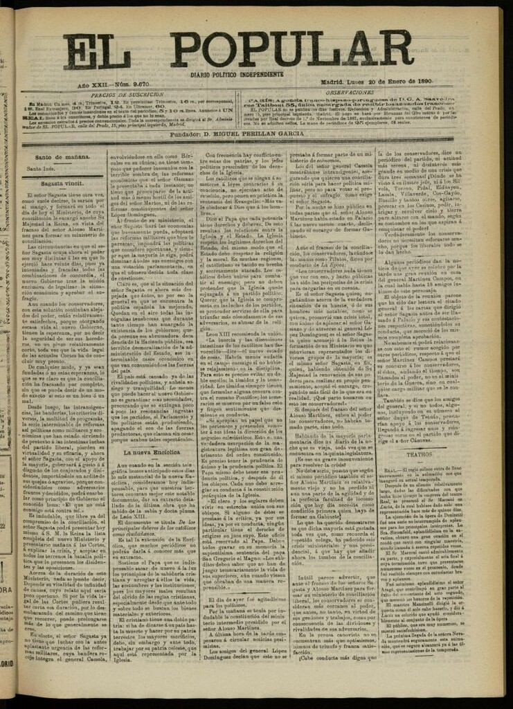 Miniatura de El Popular: diario independiente, político, literario y de noticias de interés general del 20 de enero de 1890, nº 9670