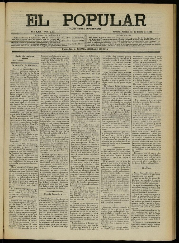Miniatura de El Popular: diario independiente, político, literario y de noticias de interés general del 21 de enero de 1890, nº 9671