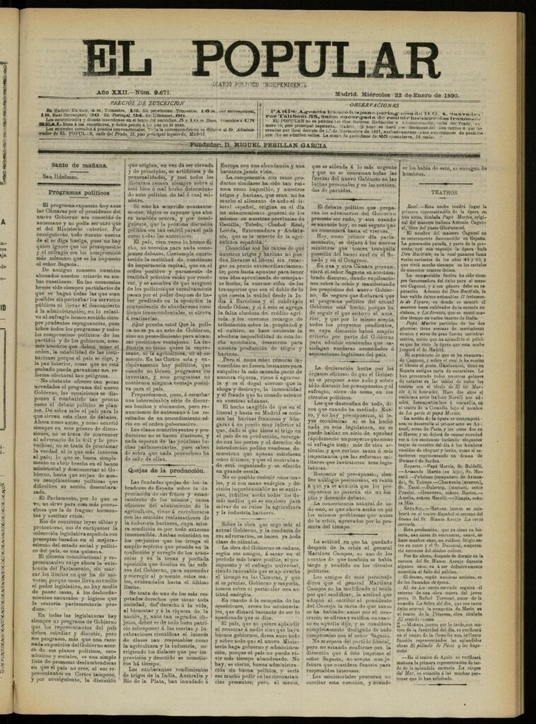 Miniatura de El Popular: diario independiente, político, literario y de noticias de interés general del 22 de enero de 1890, nº 9672