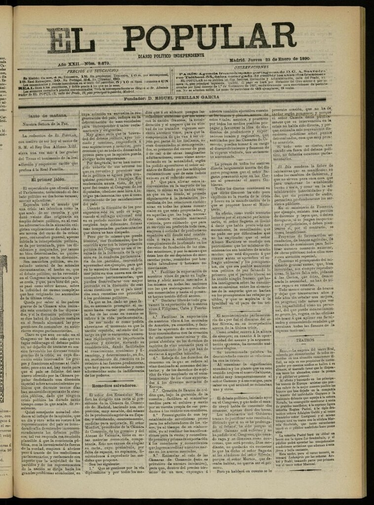 Miniatura de El Popular: diario independiente, político, literario y de noticias de interés general del 23 de enero de 1890, nº 9673