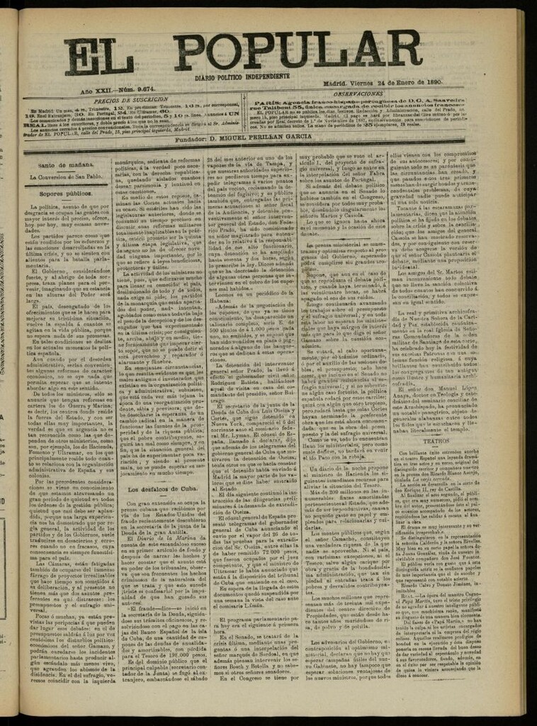 Miniatura de El Popular: diario independiente, político, literario y de noticias de interés general del 24 de enero de 1890, nº 9674
