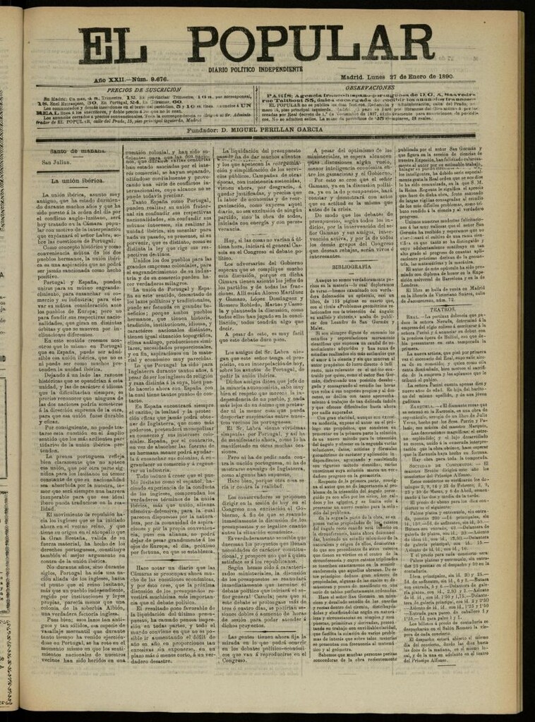 Miniatura de El Popular: diario independiente, político, literario y de noticias de interés general del 27 de enero de 1890, nº 9676