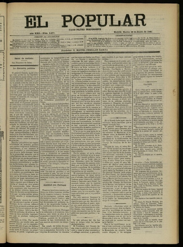 Miniatura de El Popular: diario independiente, político, literario y de noticias de interés general del 28 de enero de 1890, nº 9677