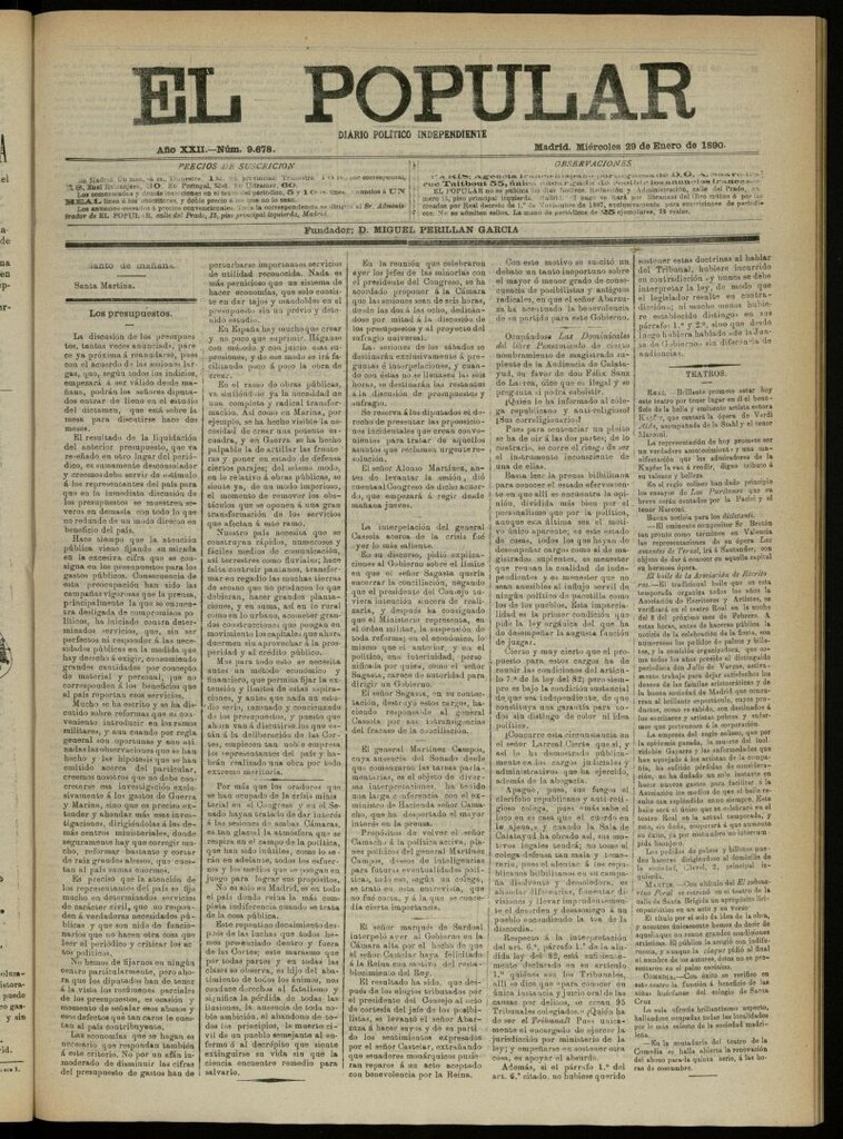 Miniatura de El Popular: diario independiente, político, literario y de noticias de interés general del 29 de enero de 1890, nº 9678