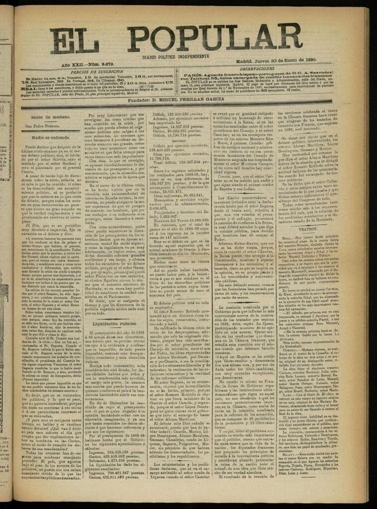 Miniatura de El Popular: diario independiente, político, literario y de noticias de interés general del 30 de enero de 1890, nº 9679
