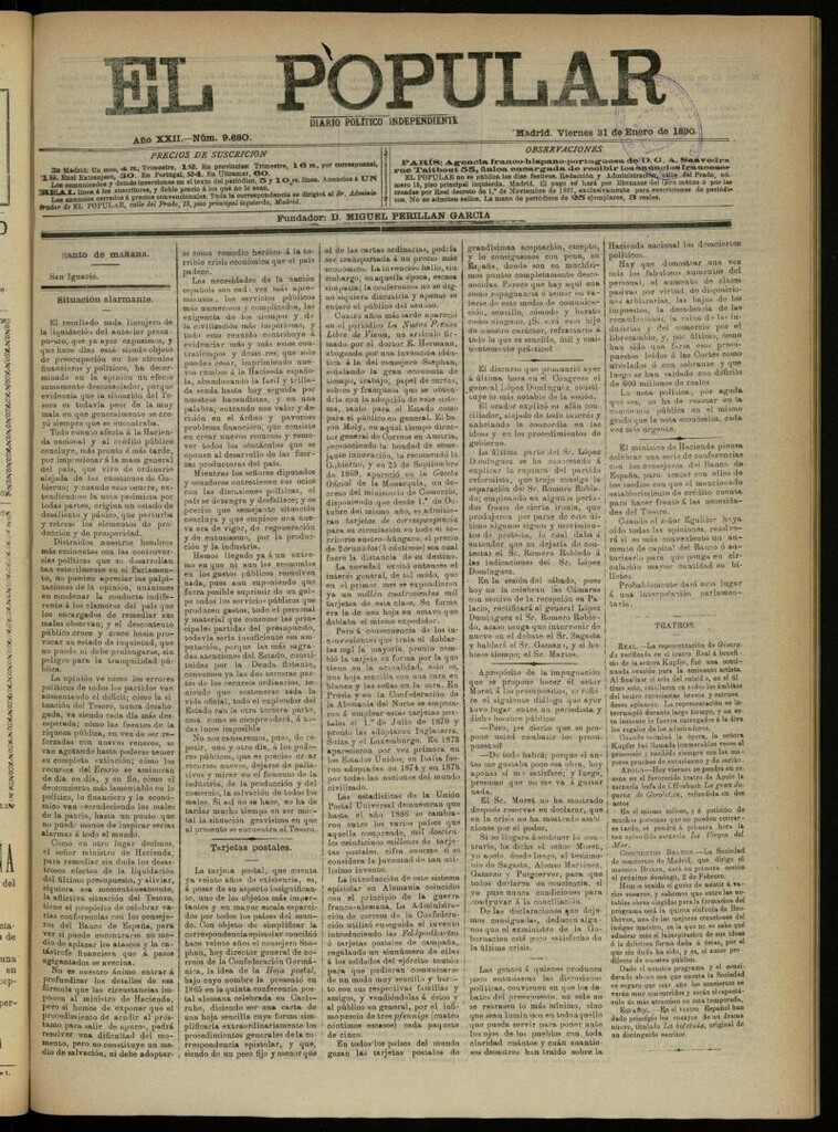 Miniatura de El Popular: diario independiente, político, literario y de noticias de interés general del 31 de enero de 1890, nº 9680
