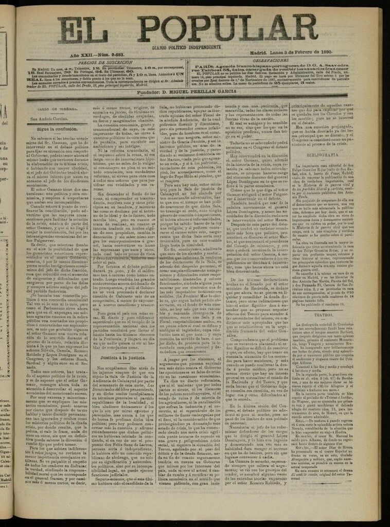 Miniatura de El Popular: diario independiente, político, literario y de noticias de interés general del 3 de febrero de 1890, nº 9682