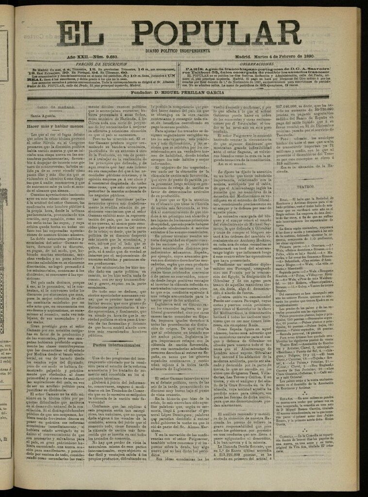 Miniatura de El Popular: diario independiente, político, literario y de noticias de interés general del 4 de febrero de 1890, nº 9683