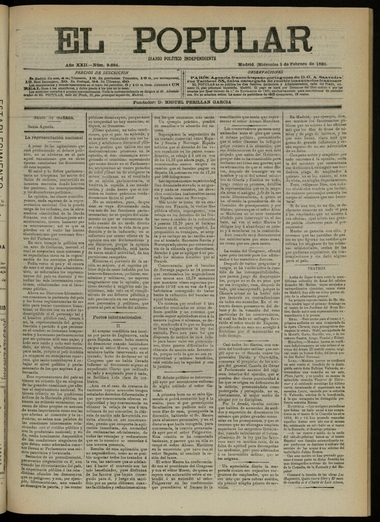 Miniatura de El Popular: diario independiente, político, literario y de noticias de interés general del 5 de febrero de 1890, nº 9684