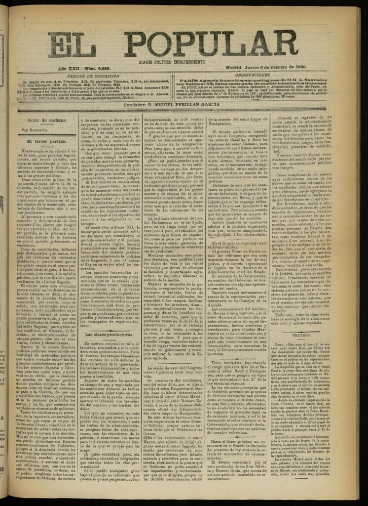 Miniatura de El Popular: diario independiente, político, literario y de noticias de interés general del 6 de febrero de 1890, nº 9685