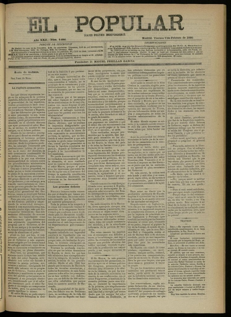 Miniatura de El Popular: diario independiente, político, literario y de noticias de interés general del 7 de febrero de 1890, nº 9686