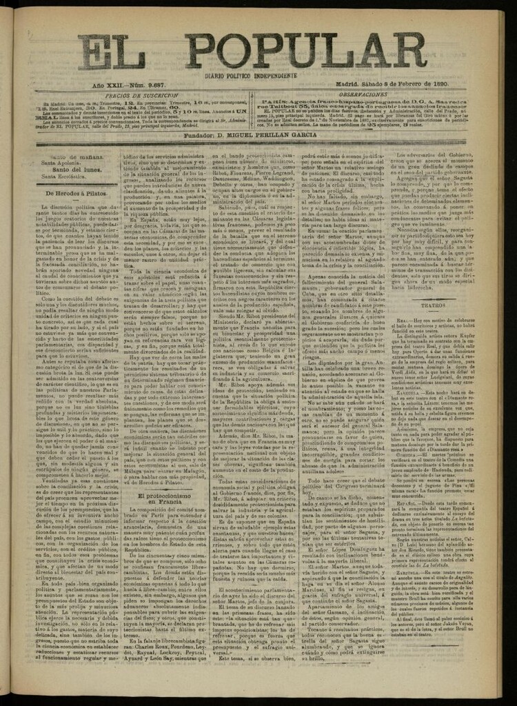 Miniatura de El Popular: diario independiente, político, literario y de noticias de interés general del 8 de febrero de 1890, nº 9687