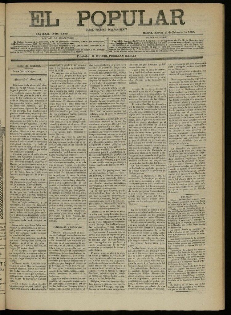 Miniatura de El Popular: diario independiente, político, literario y de noticias de interés general del 11 de febrero de 1890, nº 9689